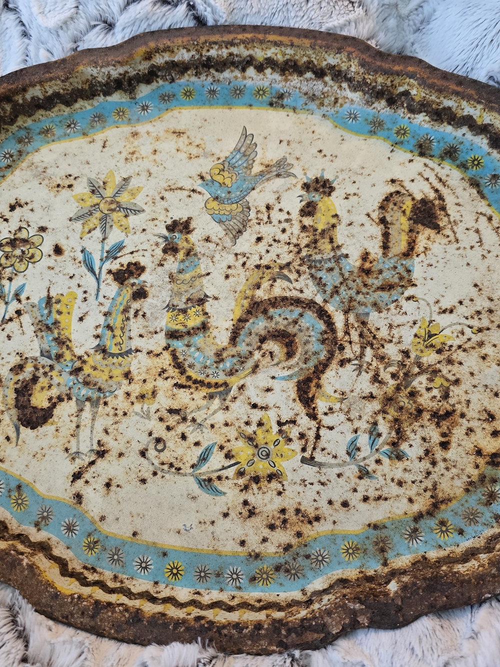 Vintage Large Rustic Floral Bird Metal Tray Blue/Yellow Rusty Crusty 13x17